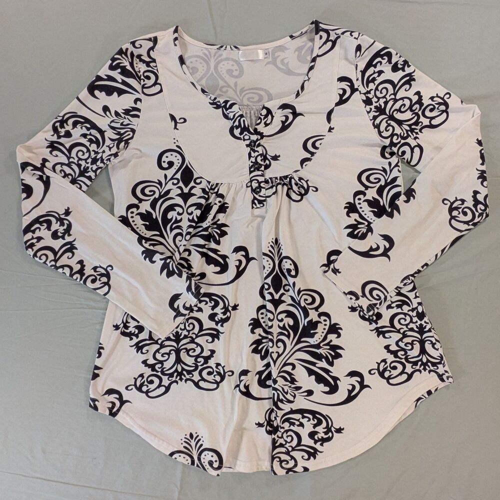 White W/Black Floral Paisley Blouse Pullover V-Neck Womens 3/4 Sleeve Medium